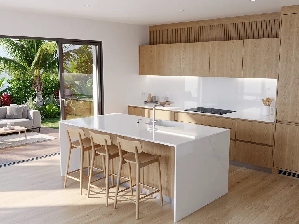 Cuisine ouverte sur séjour d’une maison individuelle à La Réunion — perspective 3D