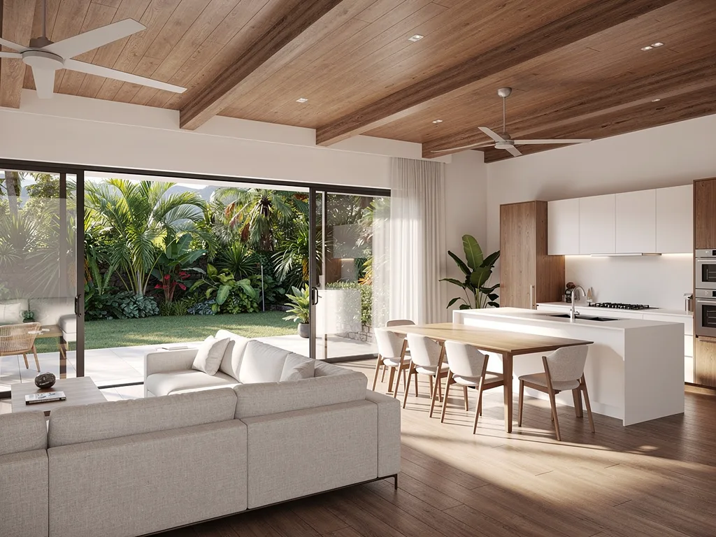 Séjour-cuisine ouvert, ventilation naturelle traversante — perspective 3D